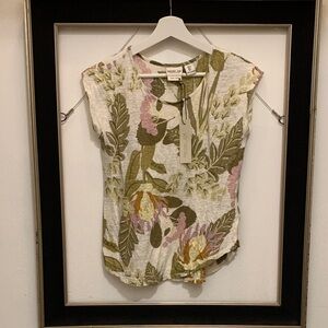 100% Linen Floral Short Sleeve Top